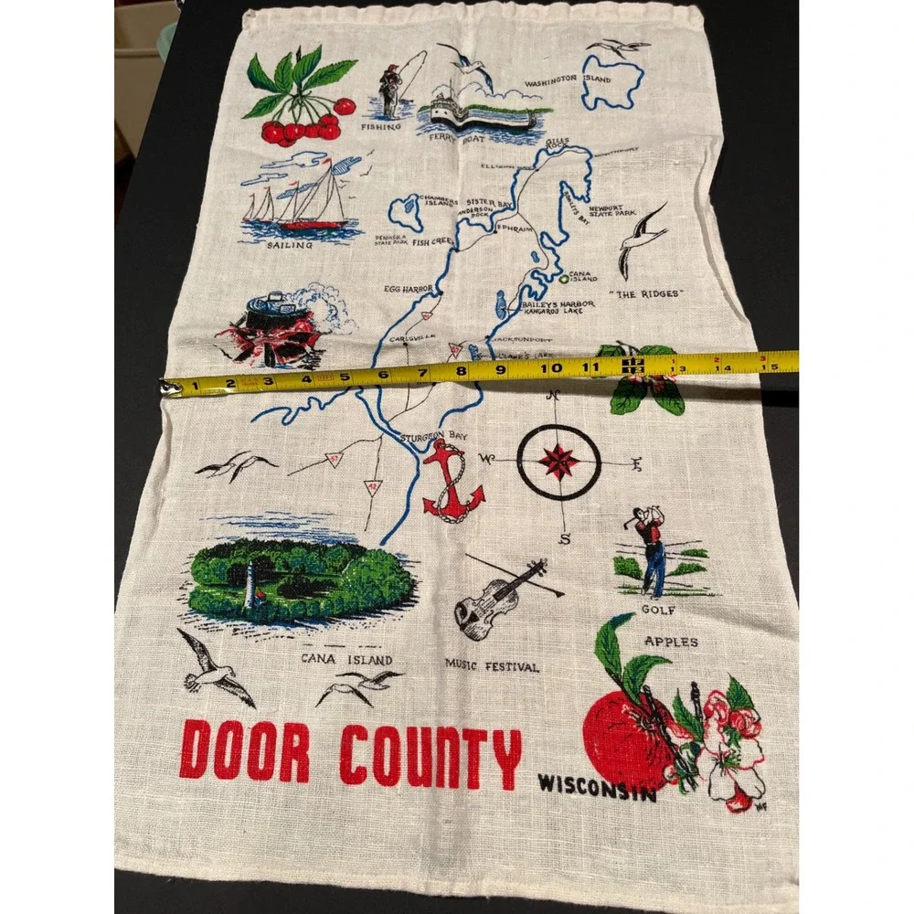 Vintage Door County Wisconsin Souvenir Map Linen Tea Towel Kitchen Decor 15x28